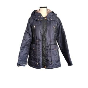 Celsius Premium Down Blend Quilted Parka Navy Faux Leather Trim Jacket M